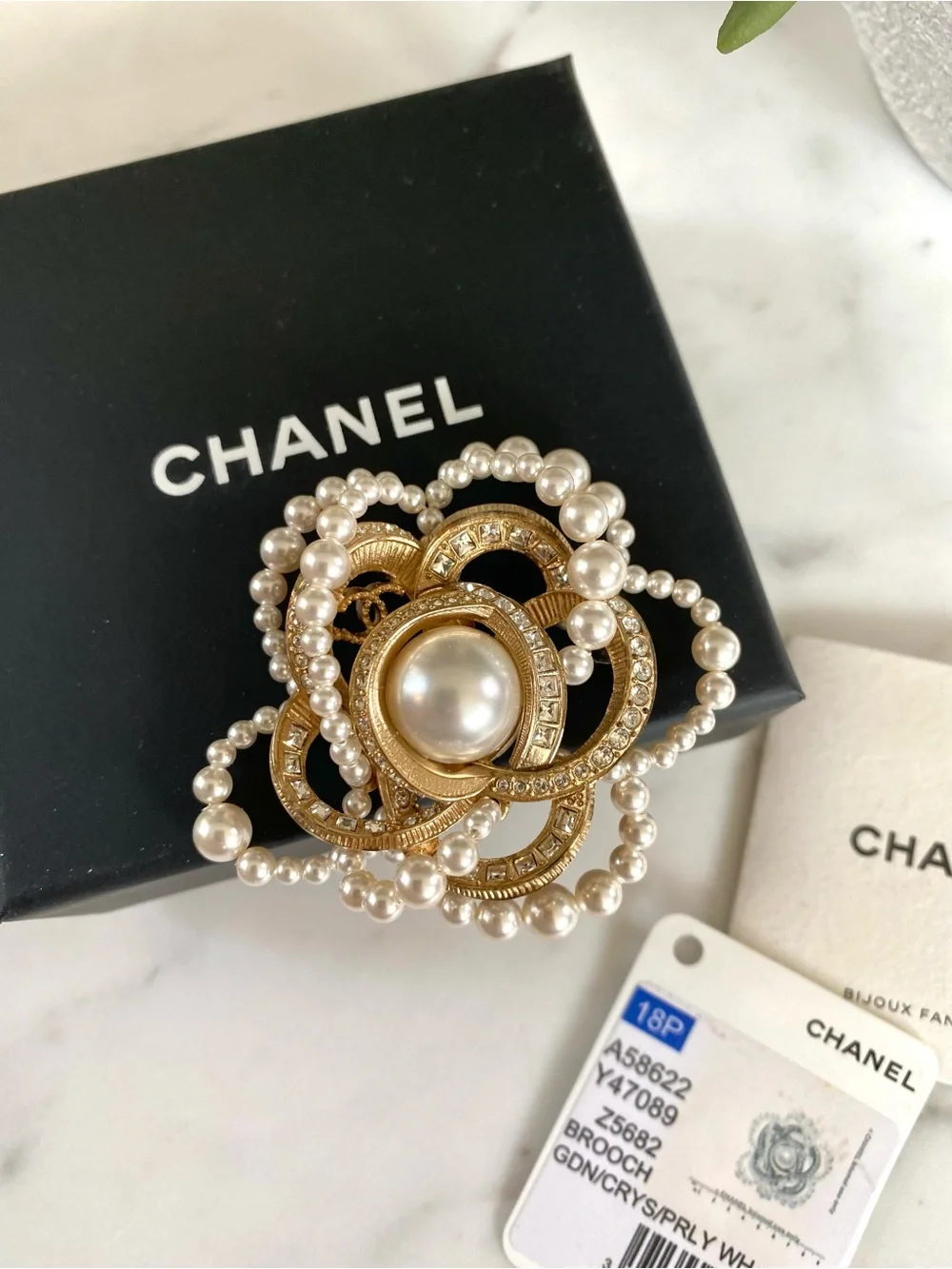 CHANEL - Gold, Crystal & Pearl Camellia Flower CC Brooch 2018